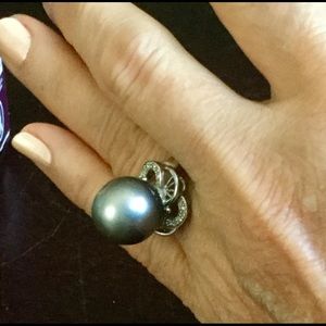 14K WG Genuine Tahitian Pearl/Dia Ring Size 7